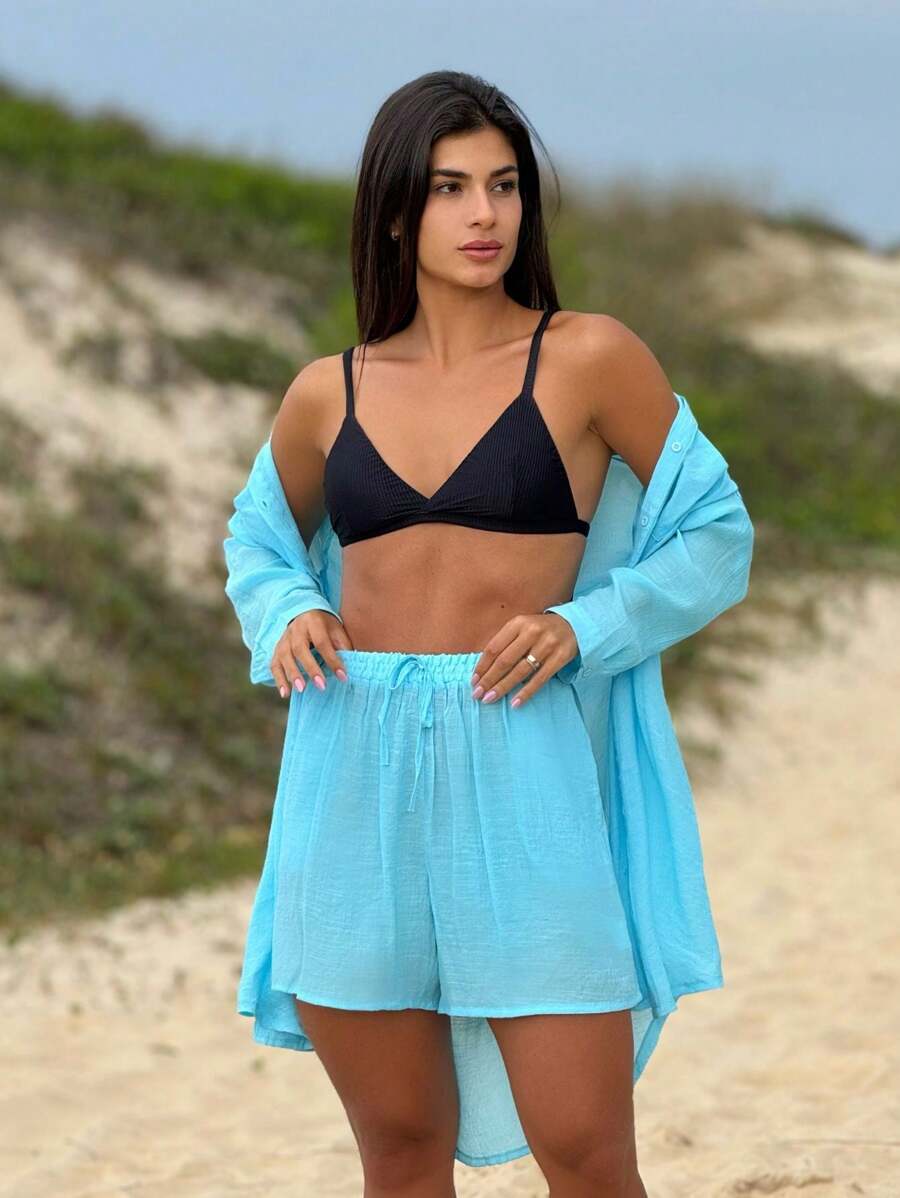 Conjunto Camisão e Short Praia Cor Sólida Anti-UV