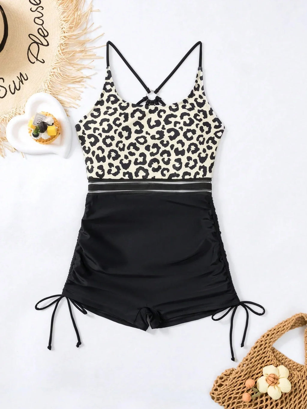 Maiô Estampa de Leopardo Bloco de Cores Cordão