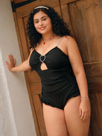 Maiô Plus Size Babado Cintura Contrastada