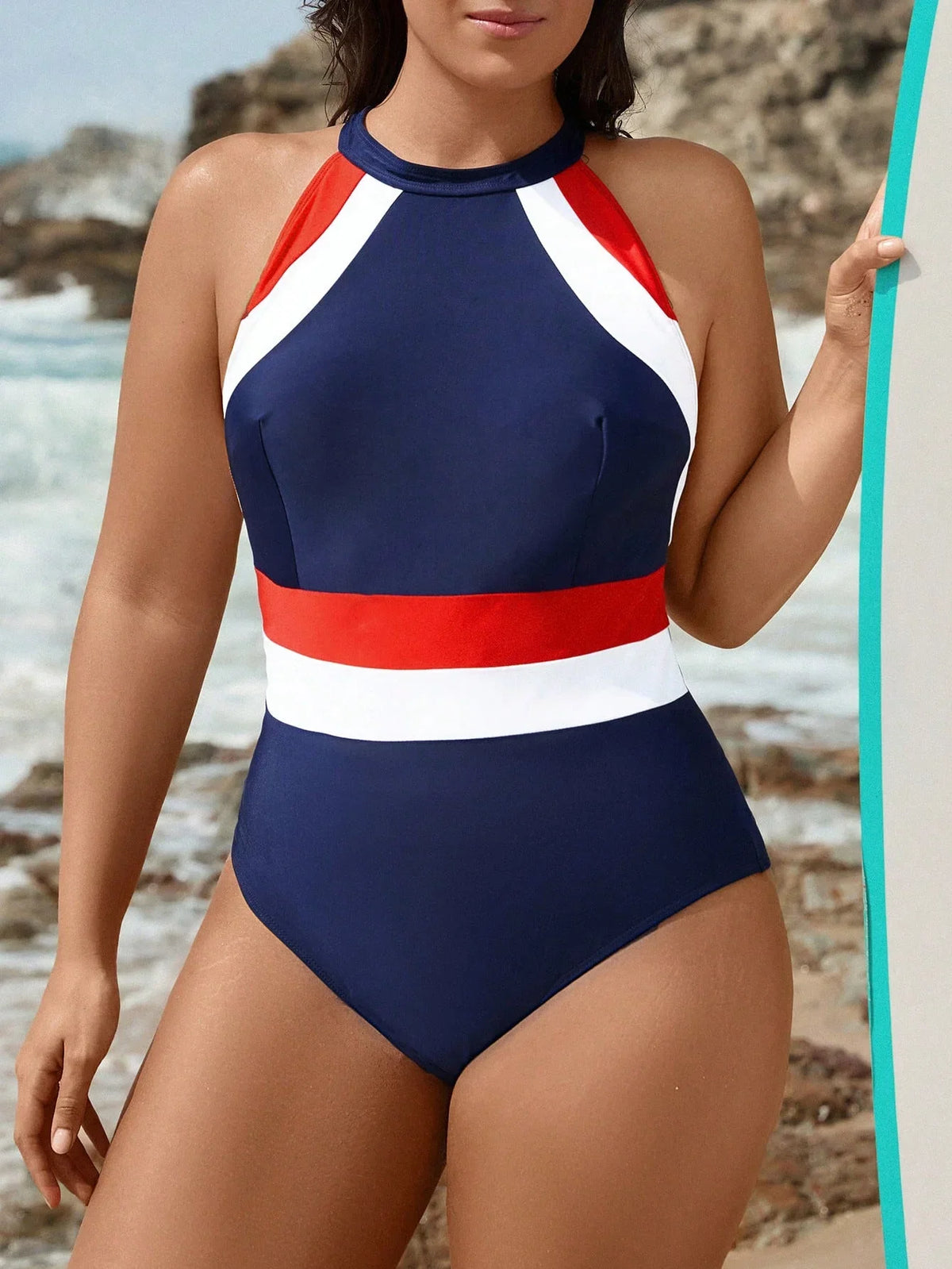 Maiô Plus Size Frente Única Cintura Contrastada