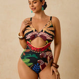 Maiô Plus Size Longo Ziguezague Fivela