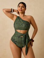 Maiô Plus Size Ombro Único Estampa Tropical
