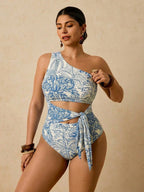 Maiô Plus Size Ombro Único Estampa Tropical