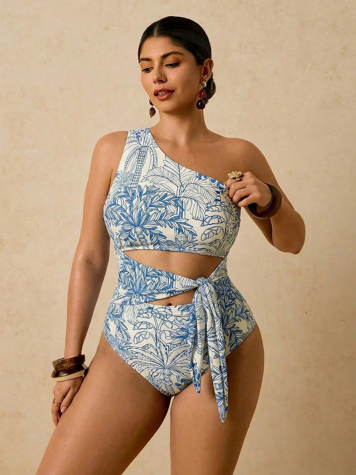Maiô Plus Size Ombro Único Estampa Tropical