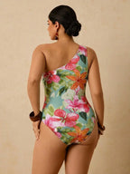 Maiô Plus Size Ombro Único Estampa Tropical