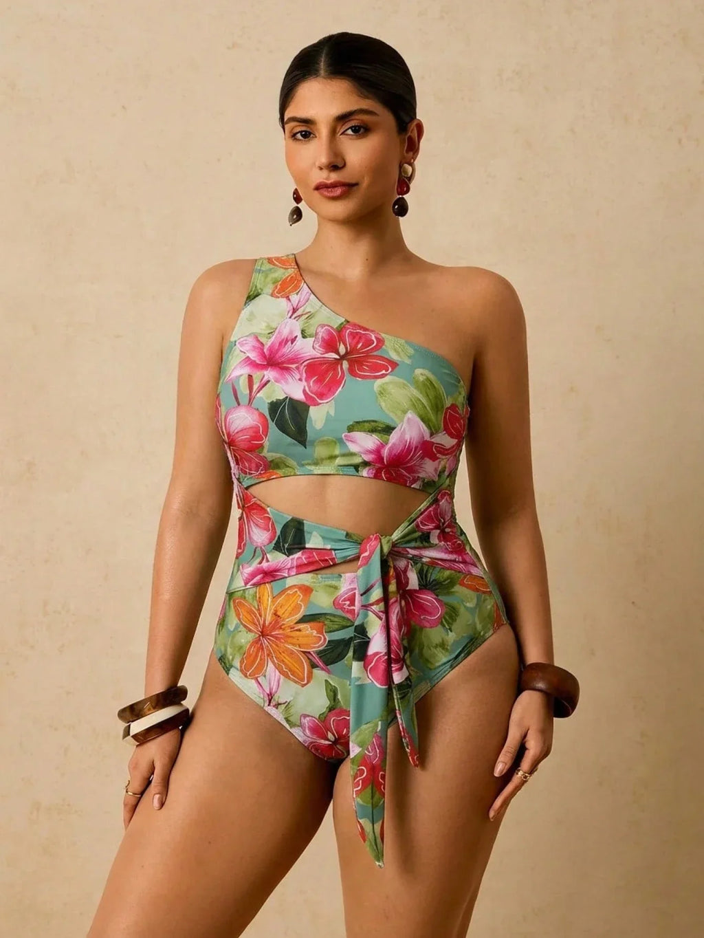 Maiô Plus Size Ombro Único Estampa Tropical
