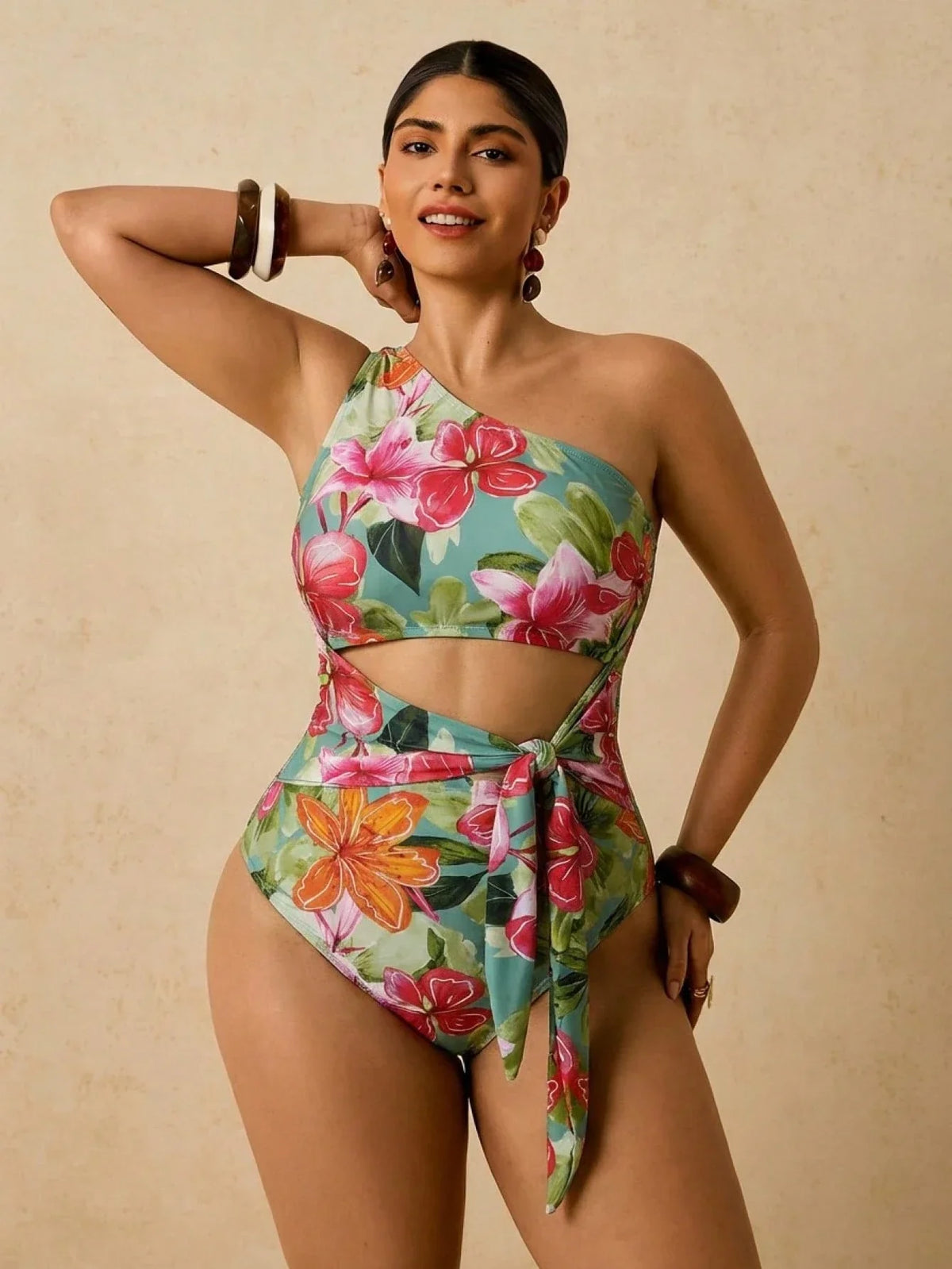 Maiô Plus Size Ombro Único Estampa Tropical