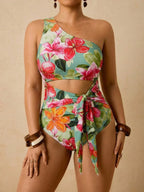 Maiô Plus Size Ombro Único Estampa Tropical