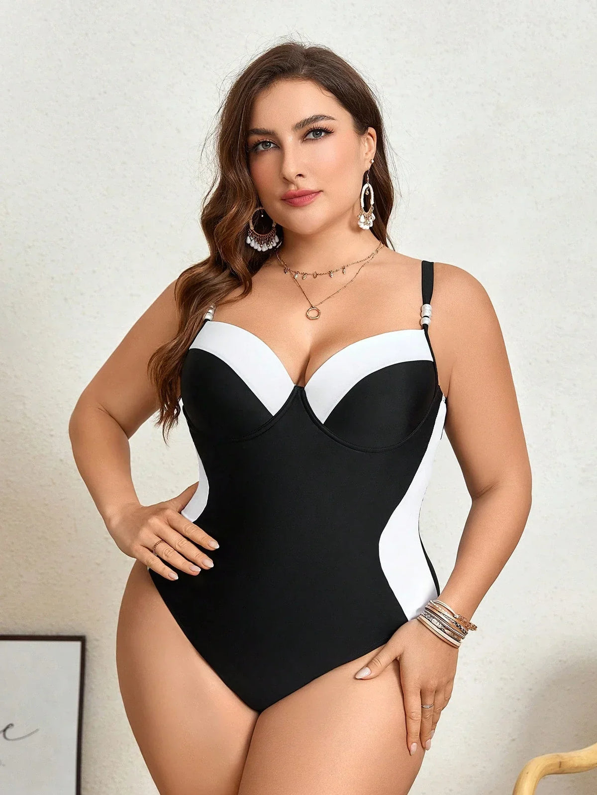 Maiô Plus Size Preto Branco Push-Up