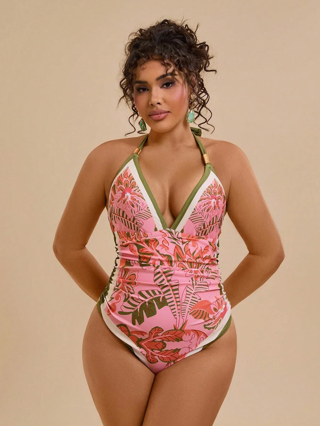 Maiô Plus Size Tropical com Amarração Tie Back