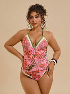 Maiô Plus Size Tropical com Amarração Tie Back