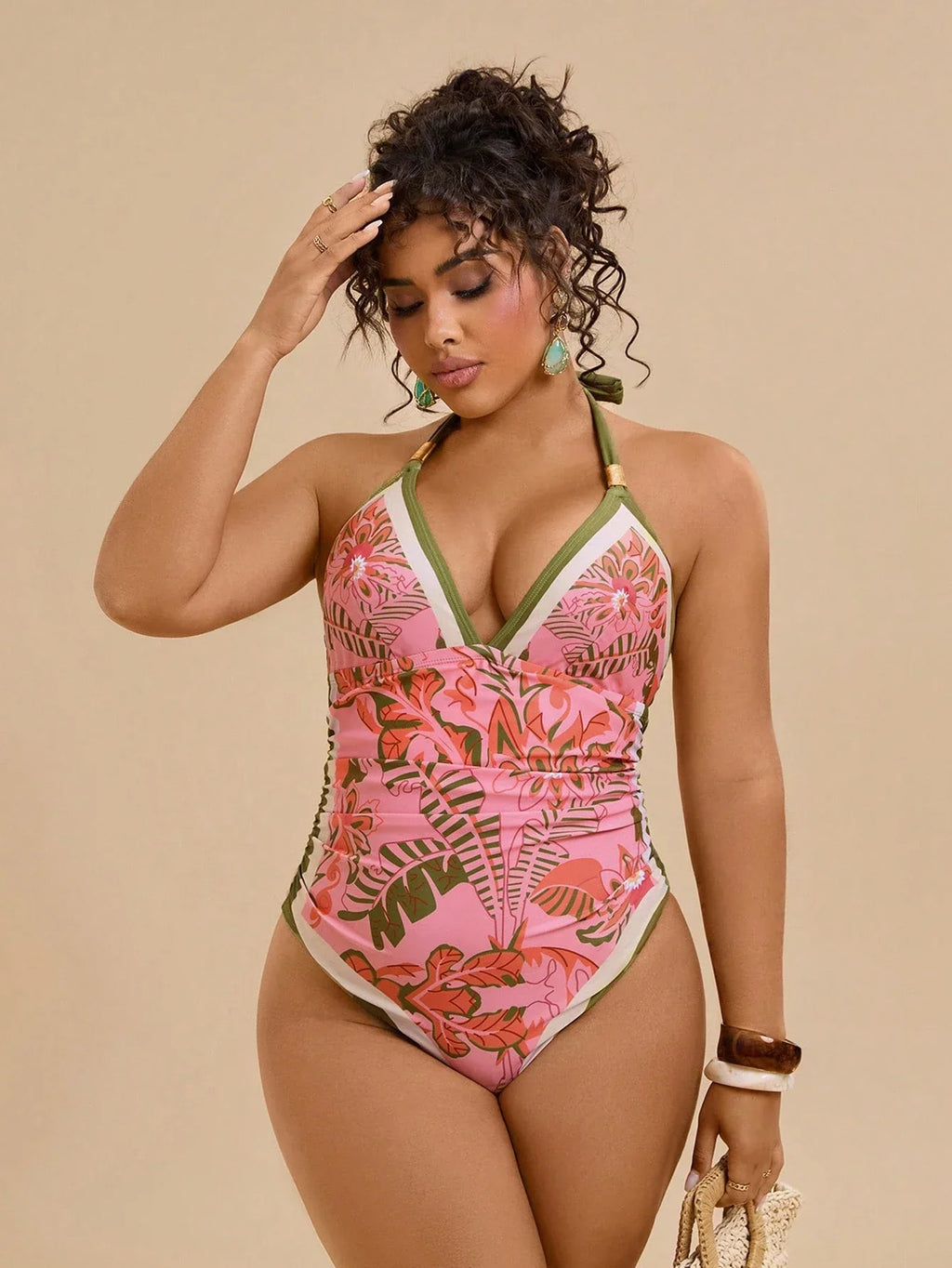 Maiô Plus Size Tropical com Amarração Tie Back