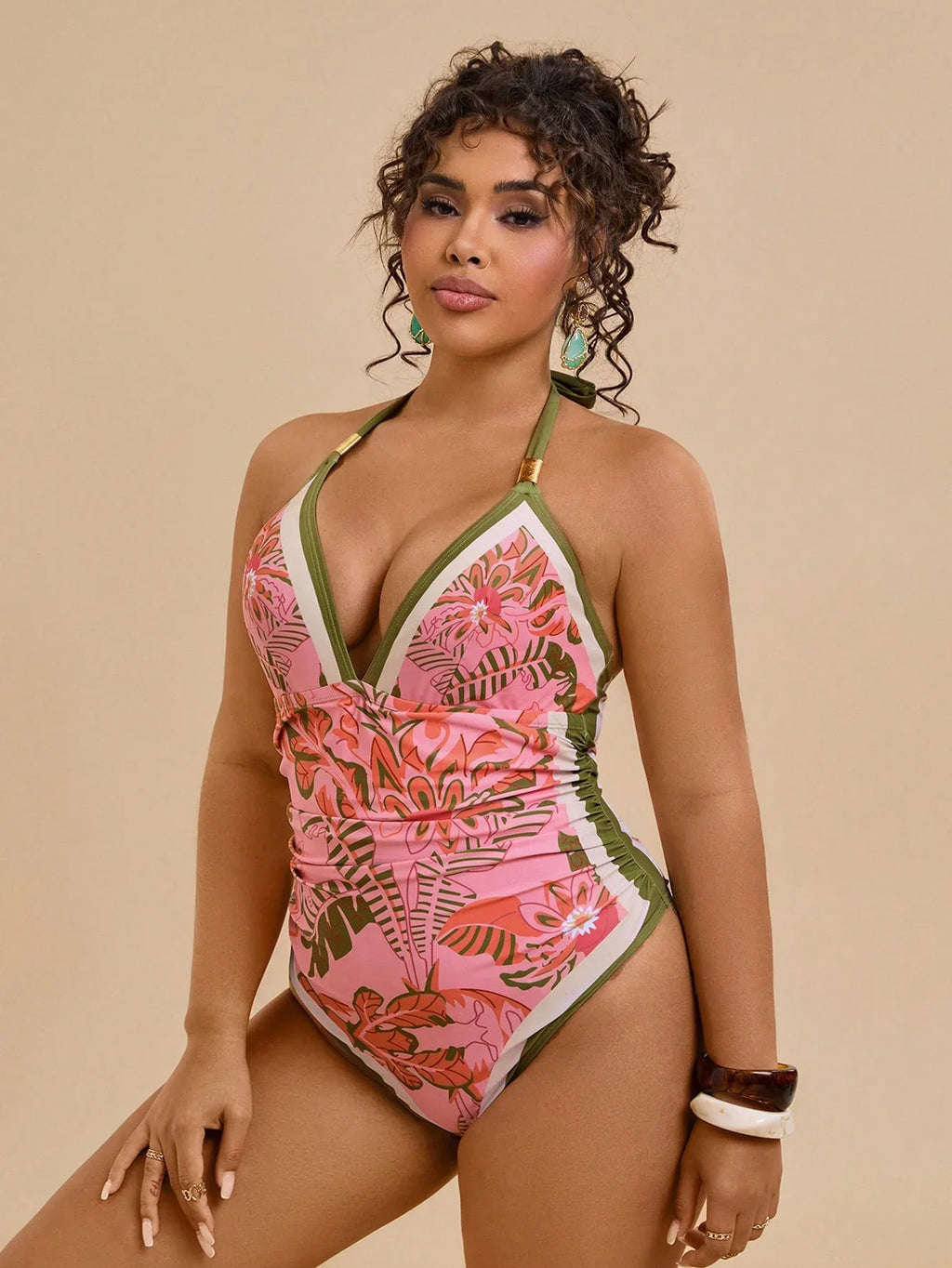 Maiô Plus Size Tropical com Amarração Tie Back