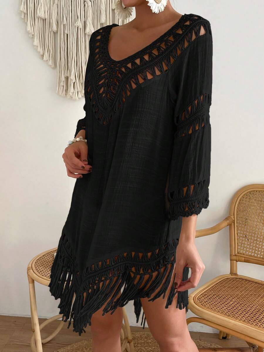 Saída de Praia Enseada em Tricô Vazado com Franjas — fotografia 10 | Mar & Pérola