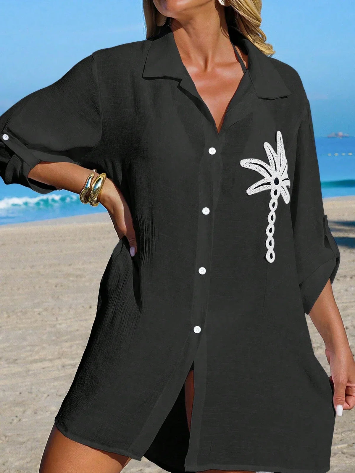 Saída de Praia Kimono Camisa Oversized Costa Serena com Botões — fotografia 4 | Mar & Pérola
