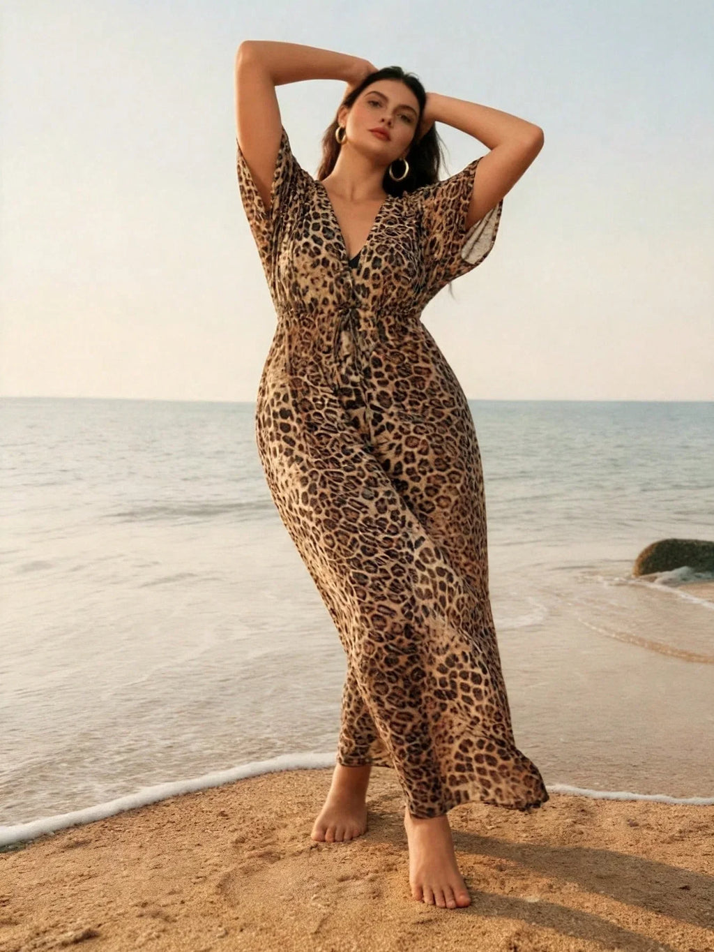 Saída de Praia Plus Size Frente Cruzada Manga 3/4