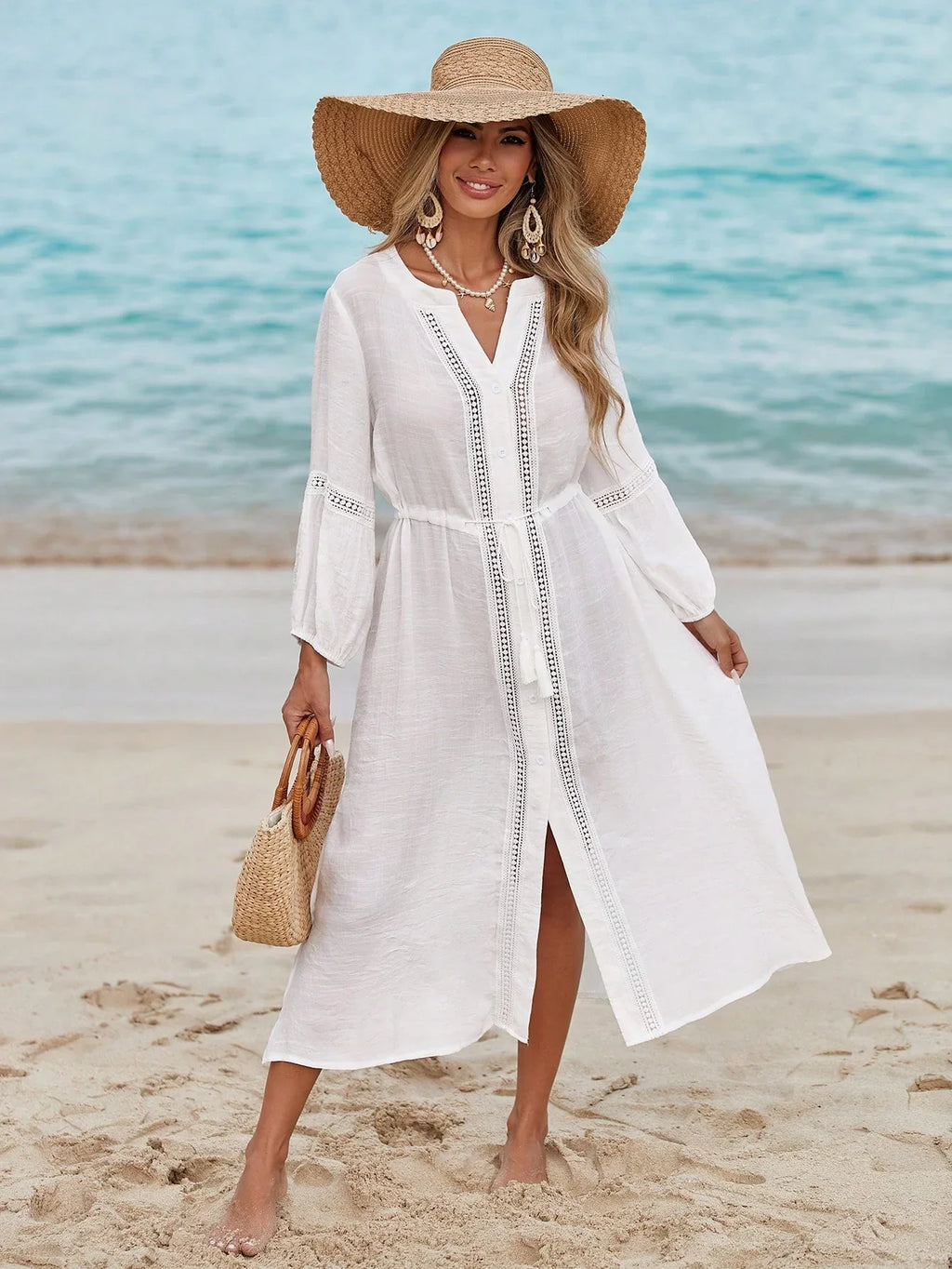 Saída de Praia Vestido Branco Manga Longa Enseada com Laço — fotografia 1 | Mar & Pérola