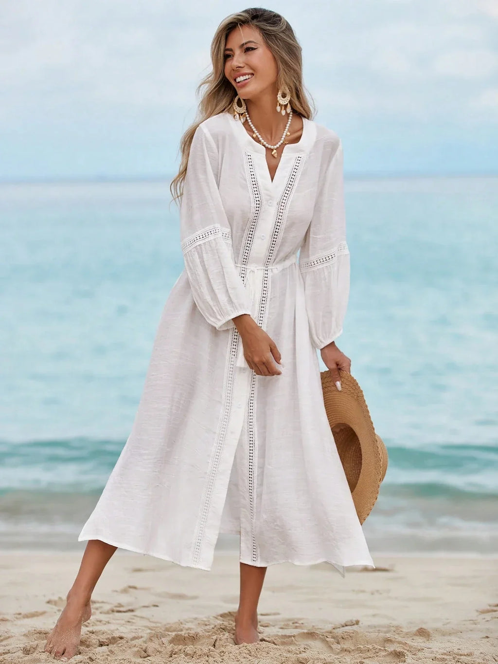 Saída de Praia Vestido Branco Manga Longa Enseada com Laço — fotografia 5 | Mar & Pérola