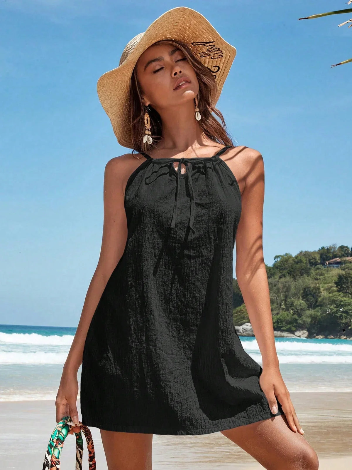 Saída de Praia Vestido Branco Nó na Gola Orla Solar — fotografia 1 | Mar & Pérola