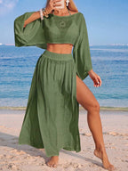 Conjunto Cropped Manga Ampla Saia Longa Fenda