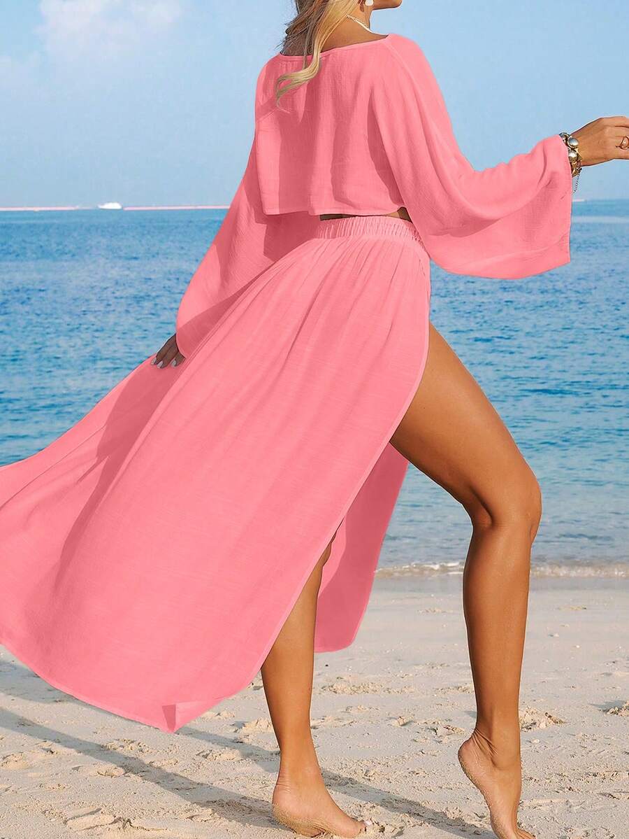 Conjunto Cropped Manga Ampla Saia Longa Fenda