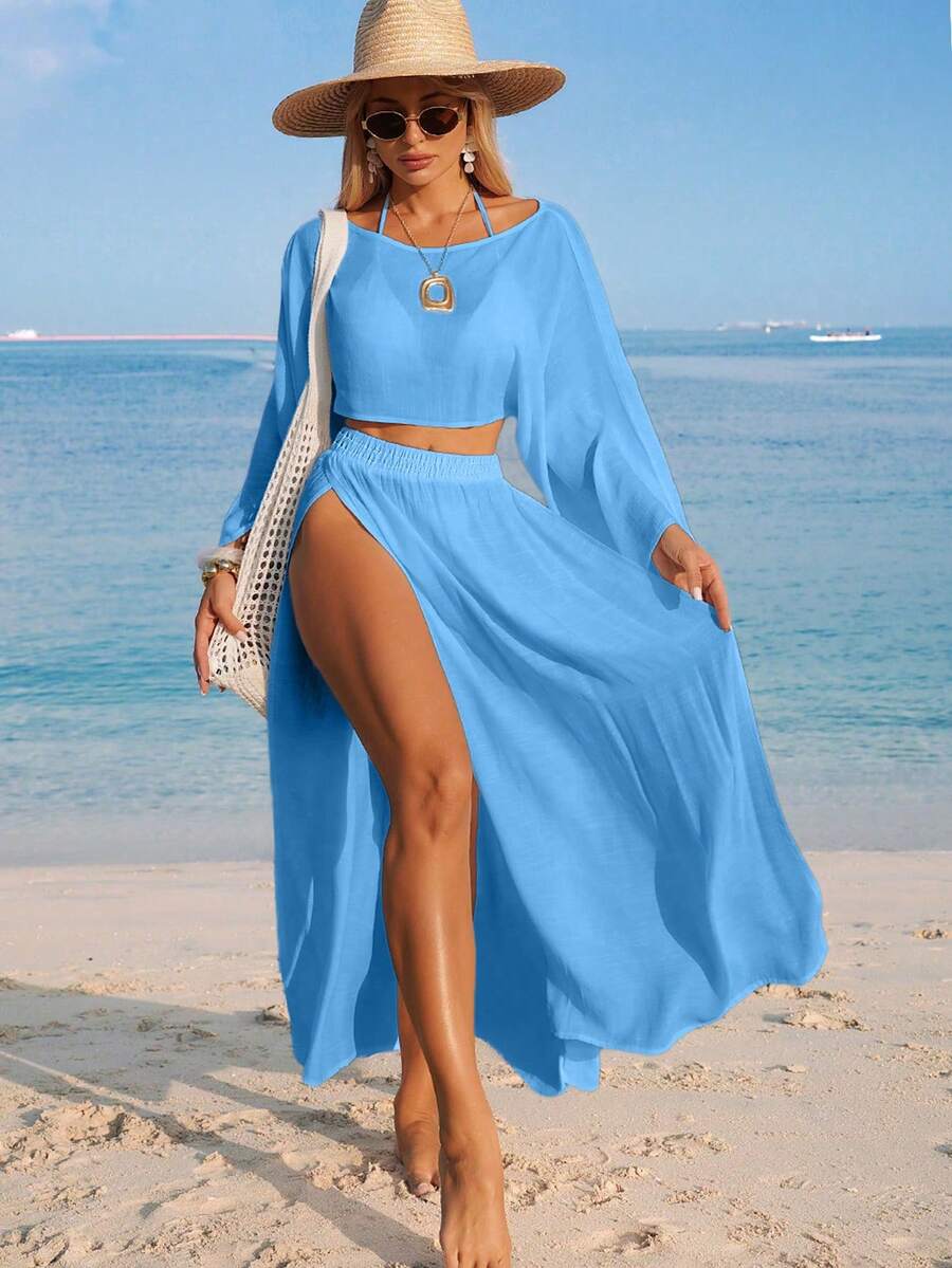 Conjunto Cropped Manga Ampla Saia Longa Fenda