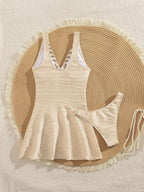 Tankini Assimétrico Ilhó Decote V Padrão Texturizado