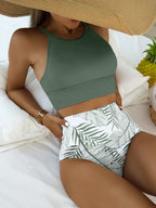 Tankini Boho Gola Alta Dividida Estampa Botânica