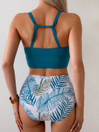 Tankini Boho Gola Alta Dividida Estampa Botânica