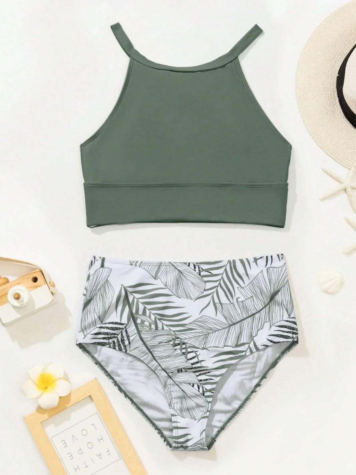 Tankini Boho Gola Alta Dividida Estampa Botânica