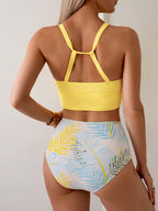 Tankini Boho Gola Alta Dividida Estampa Botânica