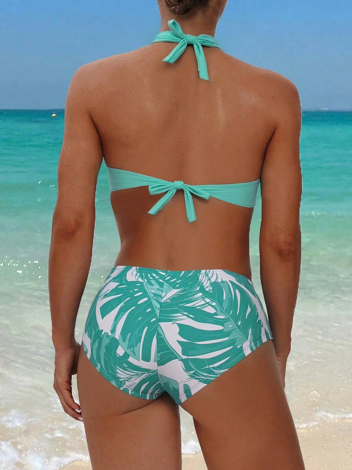 Tankini Boho Tropical Nó Frente Única Enrugado