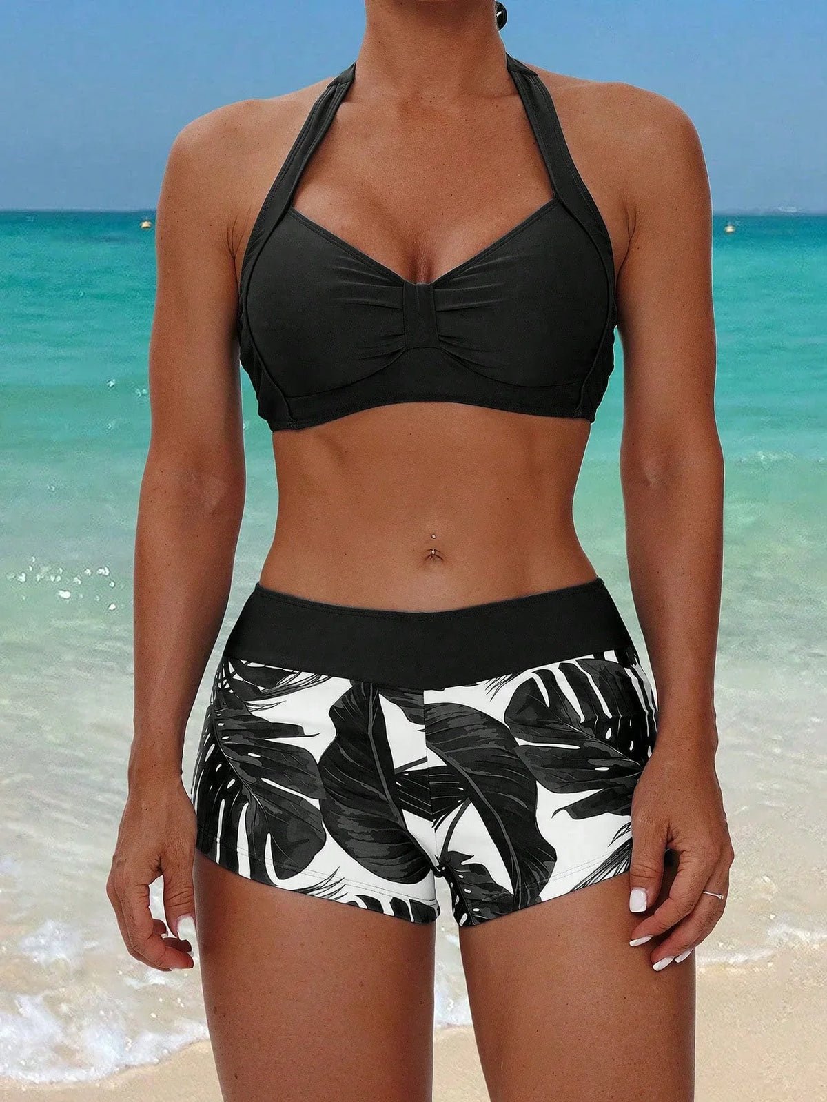 Tankini Boho Tropical Nó Frente Única Enrugado