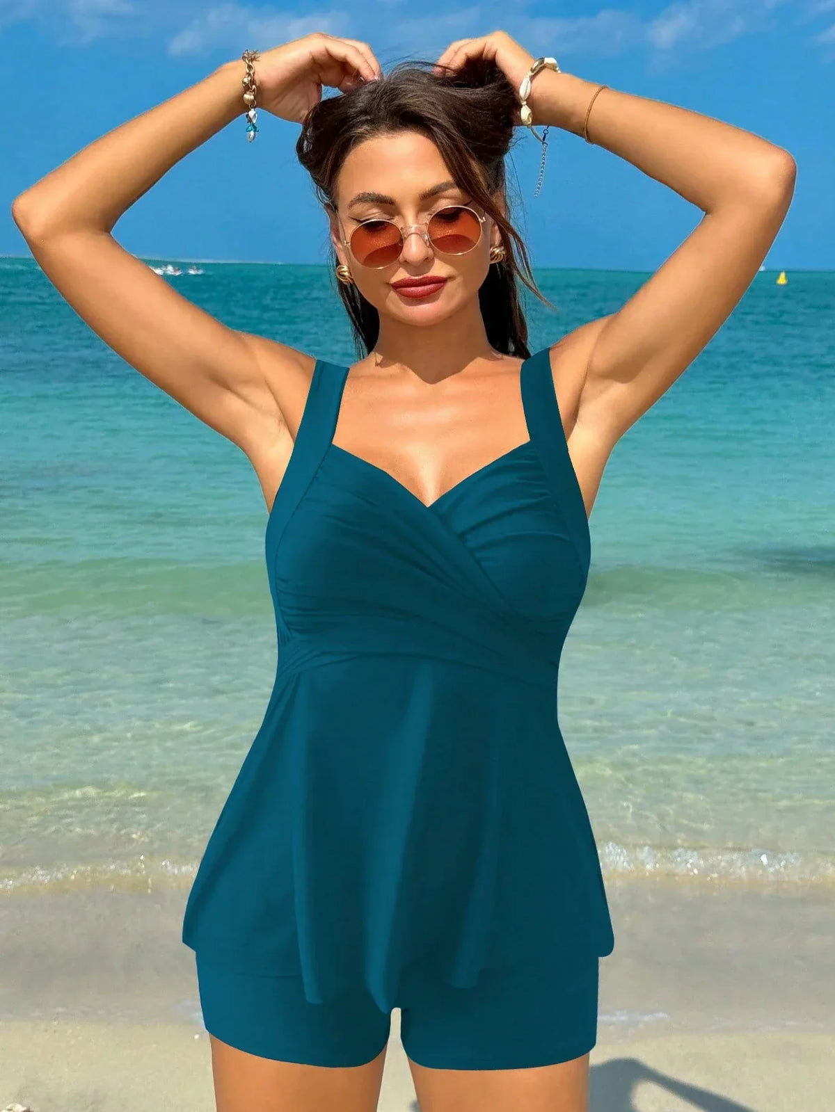 Tankini Cruzado Alças Grossas Enrugado Cintura Alta