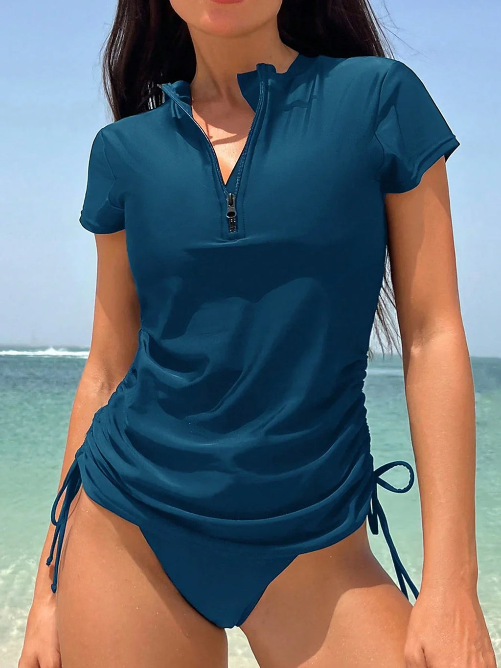 Tankini Gola Redonda Zíper Frontal Cintura Natural