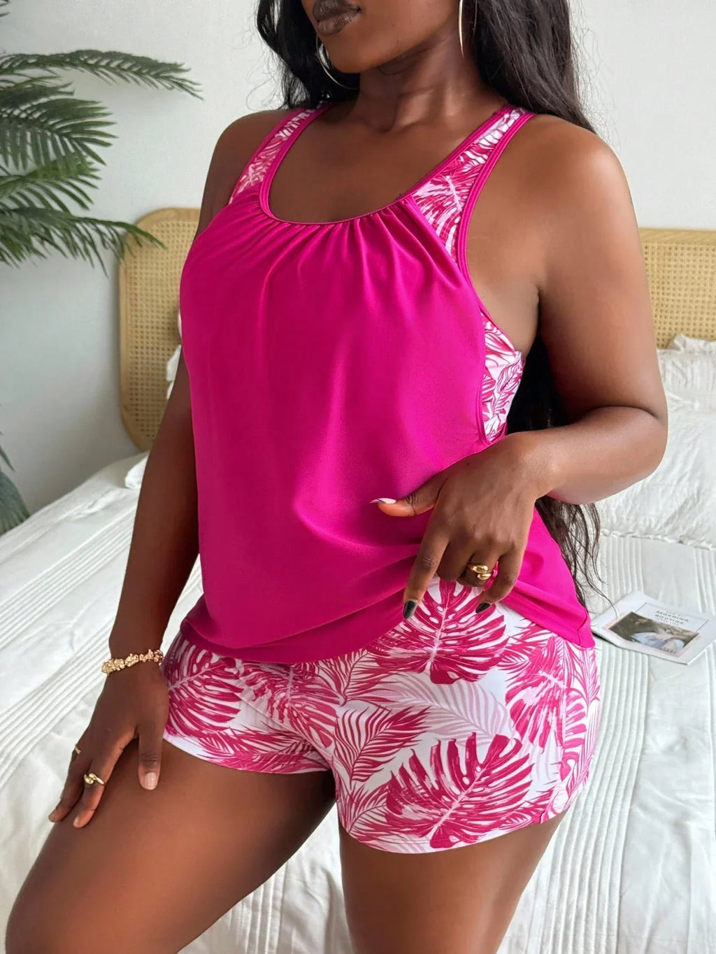 Tankini Plus Size Floral Decote U Caleçon