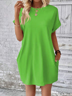 Vestido Curto Camiseta Brisa da Ilha com Bolsos e Manga Morcego — fotografia 120 | Mar & Pérola
