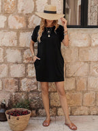 Vestido Curto Camiseta Brisa da Ilha com Bolsos e Manga Morcego — fotografia 130 | Mar & Pérola