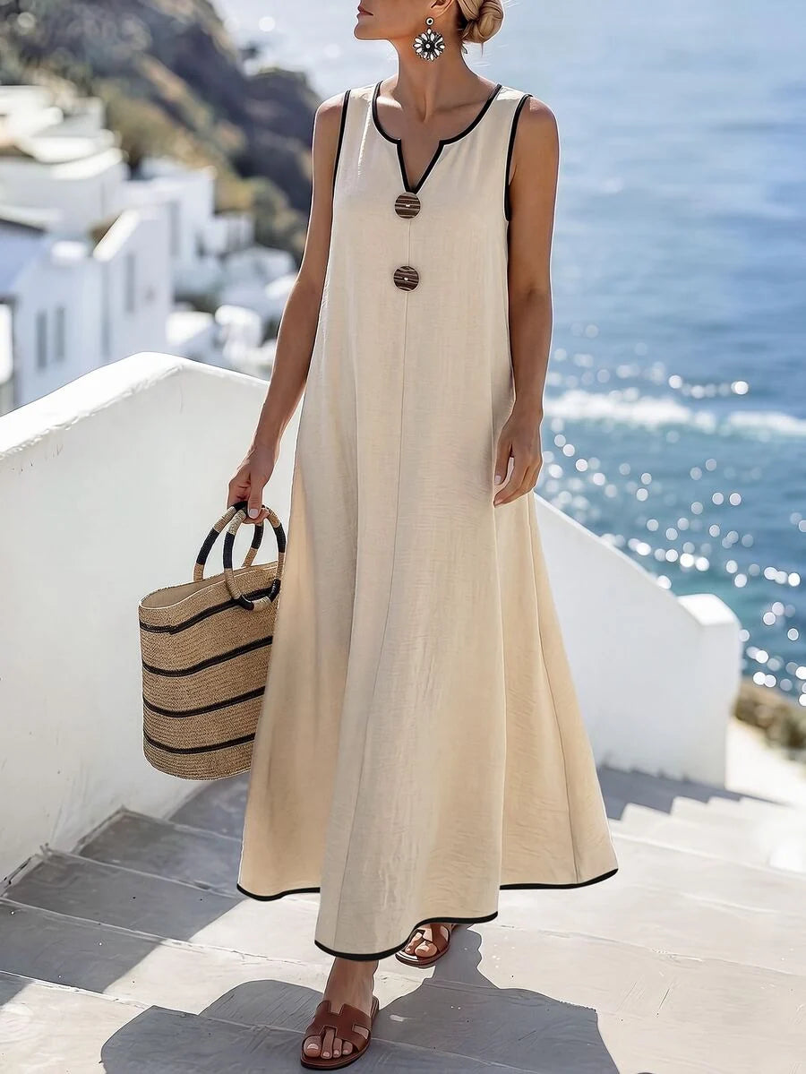 Vestido Longo Boho Sem Mangas Brisa Boho com Decote V e Recorte Contrastante — fotografia 1 | Mar & Pérola