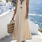 Vestido Longo Boho Sem Mangas Brisa Boho com Decote V e Recorte Contrastante