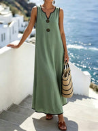 Vestido Longo Boho Sem Mangas Brisa Boho com Decote V e Recorte Contrastante — fotografia 6 | Mar & Pérola