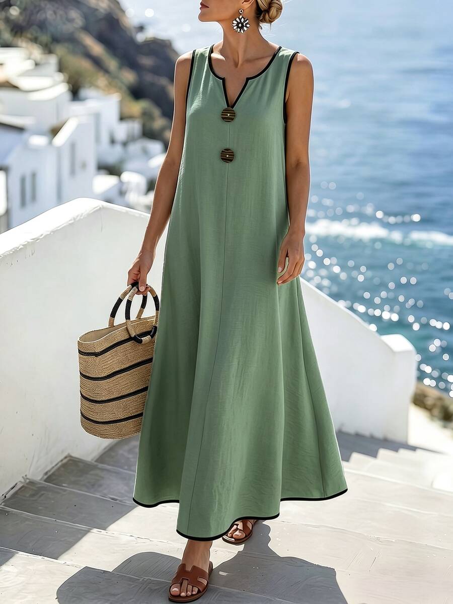 Vestido Longo Boho Sem Mangas Brisa Boho com Decote V e Recorte Contrastante — fotografia 7 | Mar & Pérola