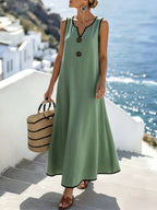 Vestido Longo Boho Sem Mangas Brisa Boho com Decote V e Recorte Contrastante — fotografia 7 | Mar & Pérola