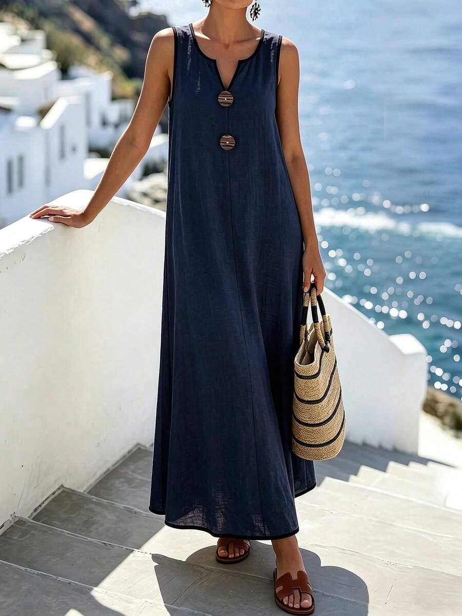 Vestido Longo Boho Sem Mangas Brisa Boho com Decote V e Recorte Contrastante — fotografia 9 | Mar & Pérola