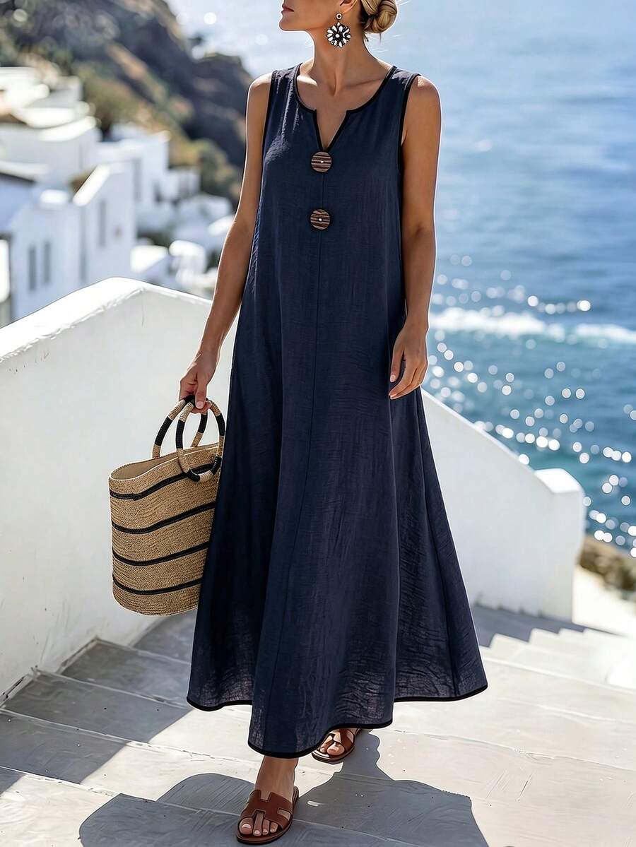 Vestido Longo Boho Sem Mangas Brisa Boho com Decote V e Recorte Contrastante — fotografia 10 | Mar & Pérola