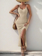 Vestido Longo Canelado Sol da Enseada com Alças Finas e Fenda Lateral — fotografia 30 | Mar & Pérola