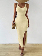 Vestido Longo Canelado Sol da Enseada com Alças Finas e Fenda Lateral — fotografia 41 | Mar & Pérola