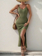 Vestido Longo Canelado Sol da Enseada com Alças Finas e Fenda Lateral — fotografia 44 | Mar & Pérola