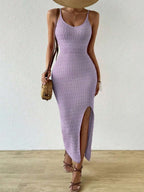 Vestido Longo Canelado Sol da Enseada com Alças Finas e Fenda Lateral — fotografia 60 | Mar & Pérola