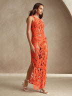 Vestido Longo Costa Serena com Estampa de Palmeira e Aberturas Laterais — fotografia 4 | Mar & Pérola